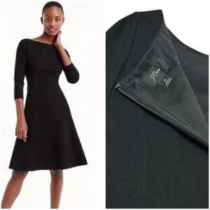 J. Crew Fit & Flare Bateau Neck Classic Black Cocktail Dress Long Sleeve Midi